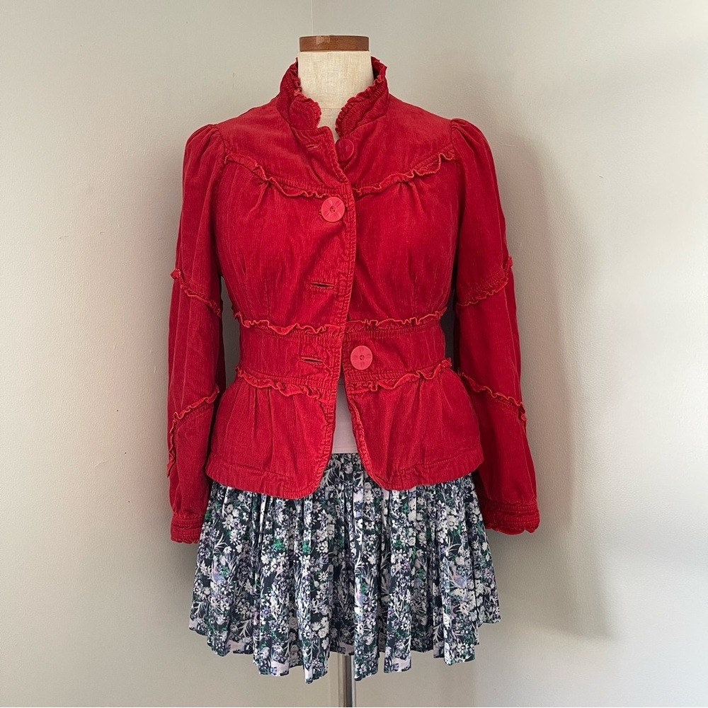 Anthropologie Elevenses Vintage Huff and Puff Ruffle trim Corduroy jacket size 8